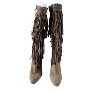 Fringe Knee-High Boots - Tan